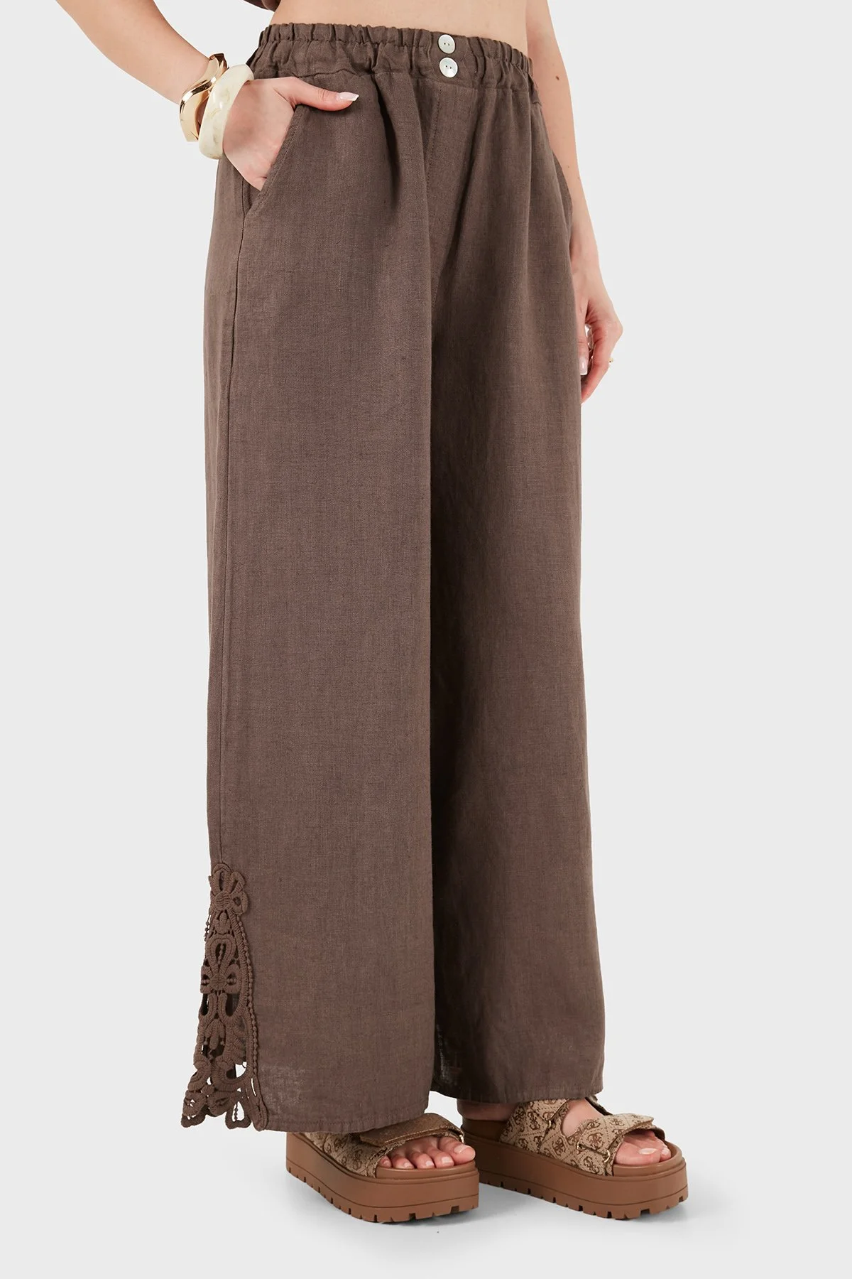 Via Dante Relaxed Fit Güpür Detaylı Bol Paça Keten Kadın Pantolon 699E10941 KAHVE - 4