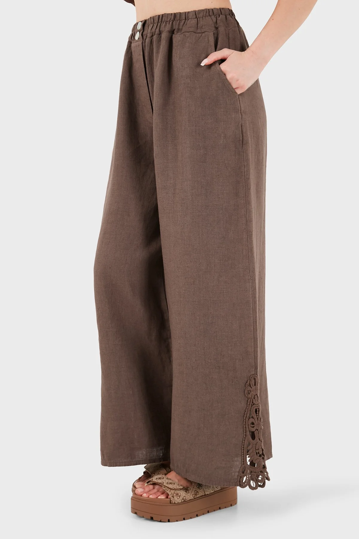Via Dante Relaxed Fit Güpür Detaylı Bol Paça Keten Kadın Pantolon 699E10941 KAHVE - 5