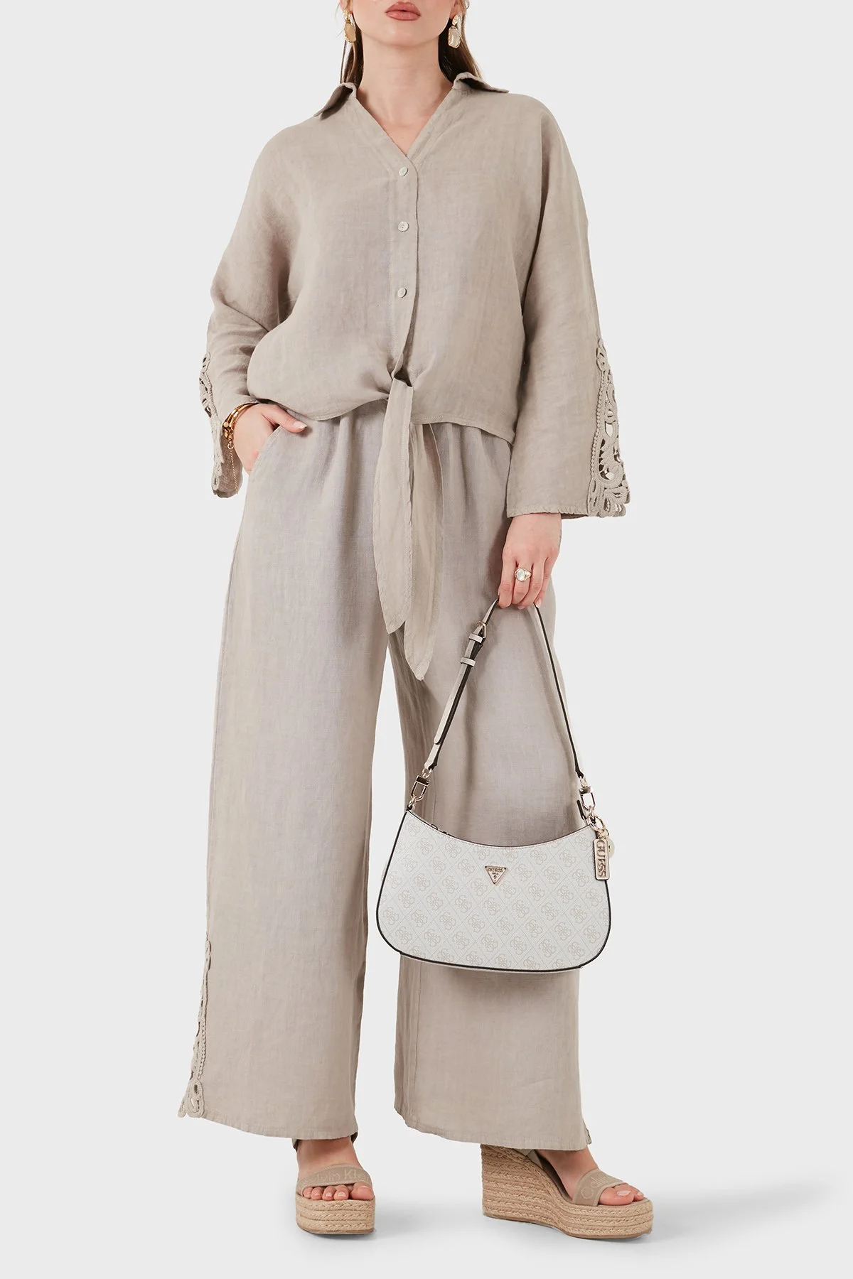 Via Dante Relaxed Fit Güpür Detaylı Bol Paça Keten Kadın Pantolon 699E10941 VİZON - 1