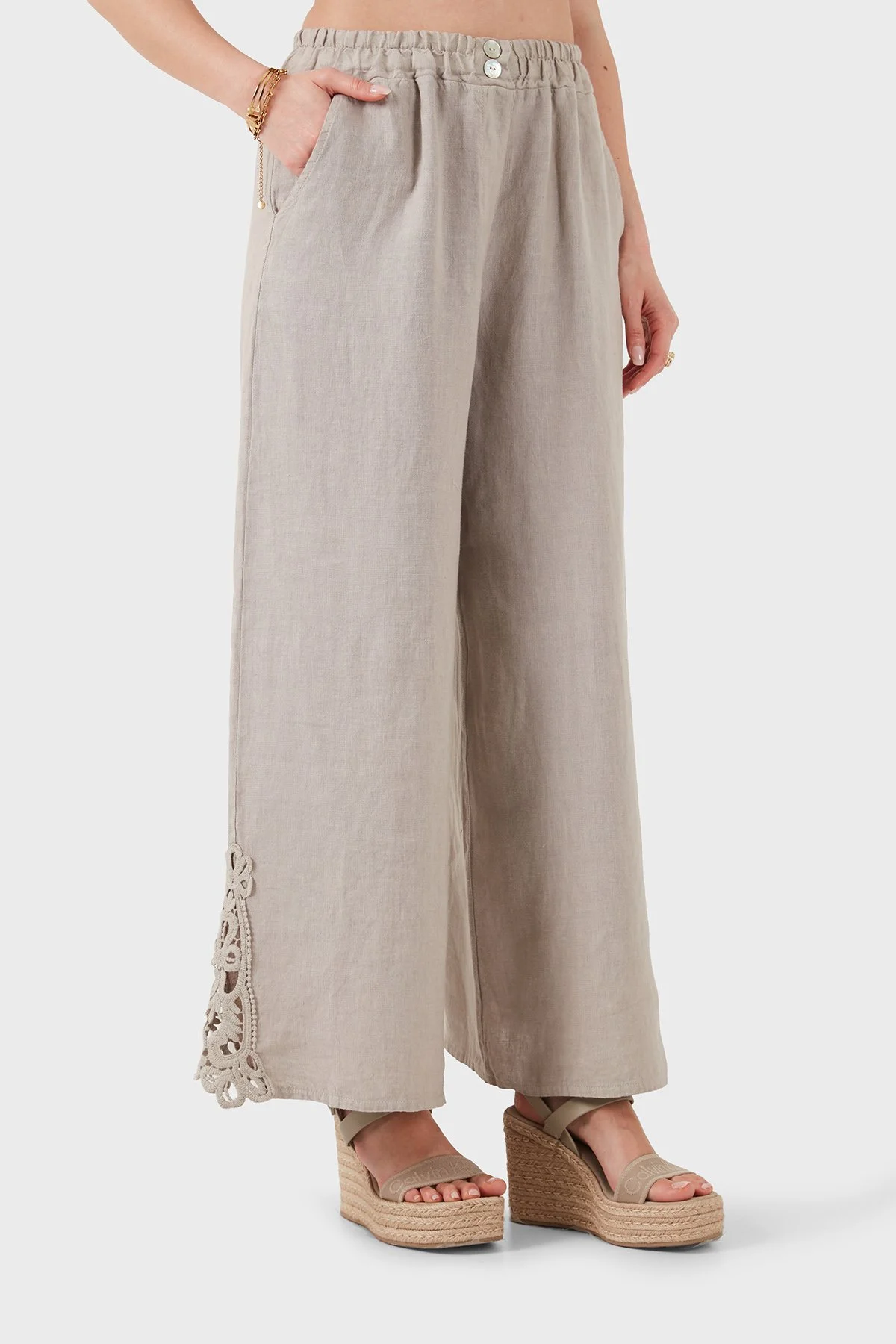 Via Dante Relaxed Fit Güpür Detaylı Bol Paça Keten Kadın Pantolon 699E10941 VİZON - 5