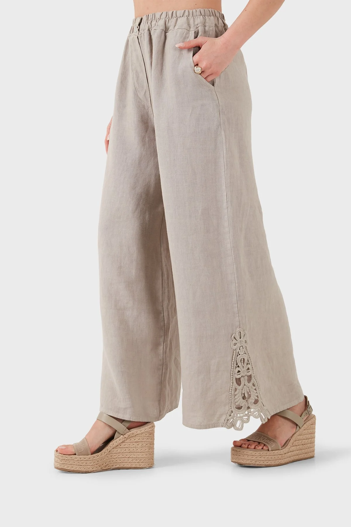 Via Dante Relaxed Fit Güpür Detaylı Bol Paça Keten Kadın Pantolon 699E10941 VİZON - 6