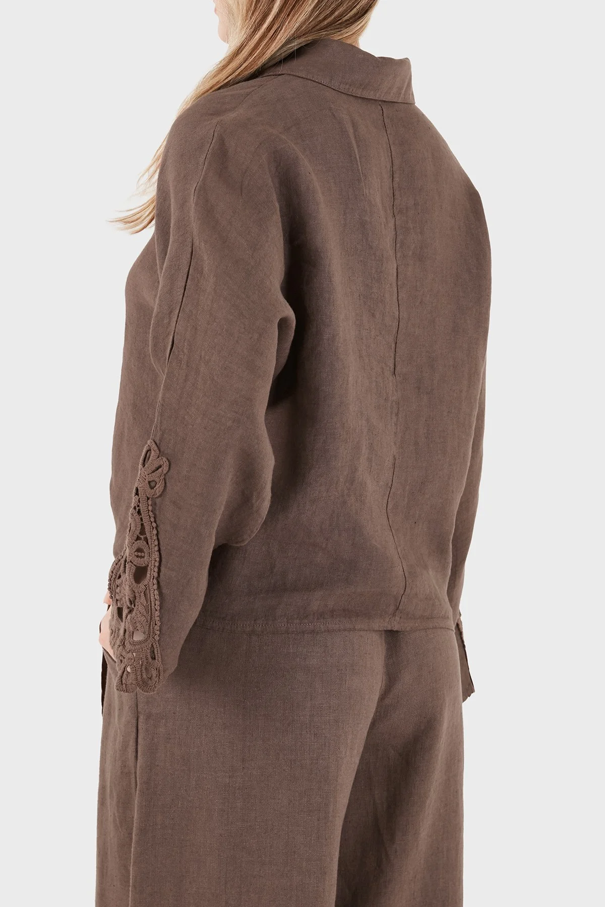 Via Dante Relaxed Fit Güpür Detaylı Uzun Kollu Keten Kadın Gömlek 699E31842 KAHVE - 3