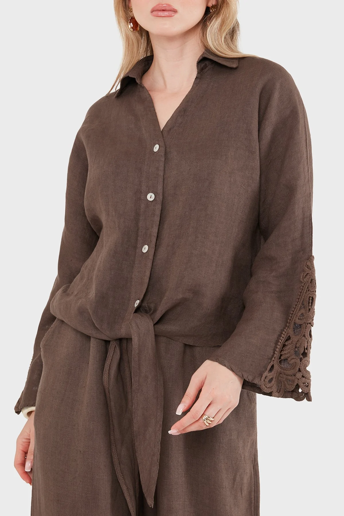 Via Dante Relaxed Fit Güpür Detaylı Uzun Kollu Keten Kadın Gömlek 699E31842 KAHVE - 5