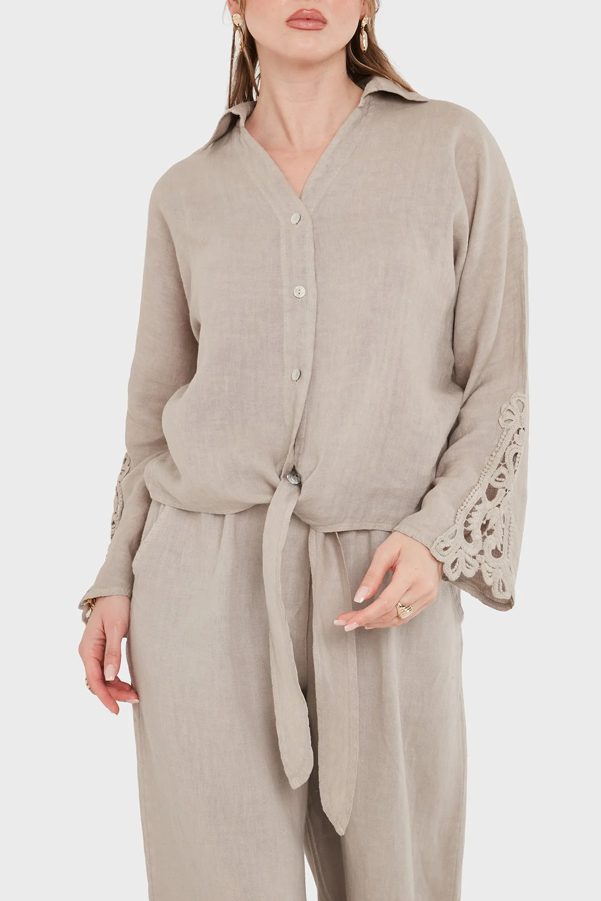 Via Dante Relaxed Fit Güpür Detaylı Uzun Kollu Keten Kadın Gömlek 699E31842 VİZON - 6