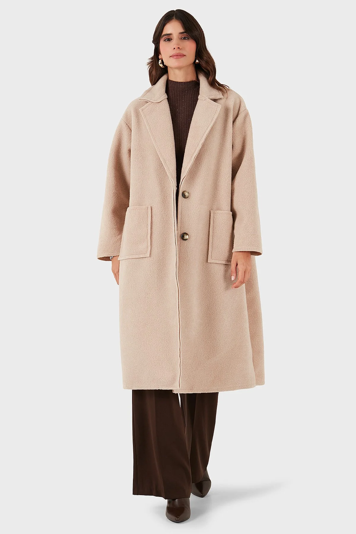 Via Dante Relaxed Fit Kruvaze Yaka Düğmeli Uzun Bayan Kaban 68821012 BEJ - 1