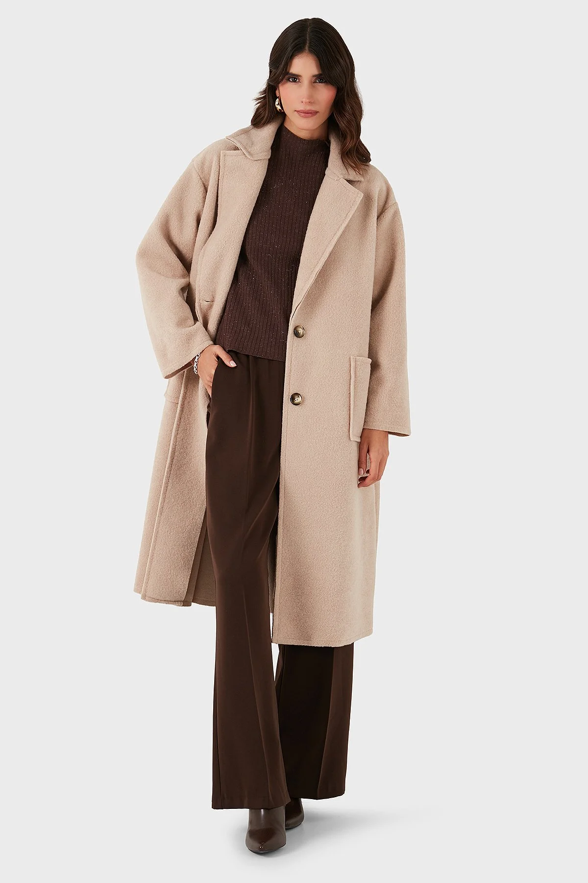 Via Dante Relaxed Fit Kruvaze Yaka Düğmeli Uzun Bayan Kaban 68821012 BEJ - 4