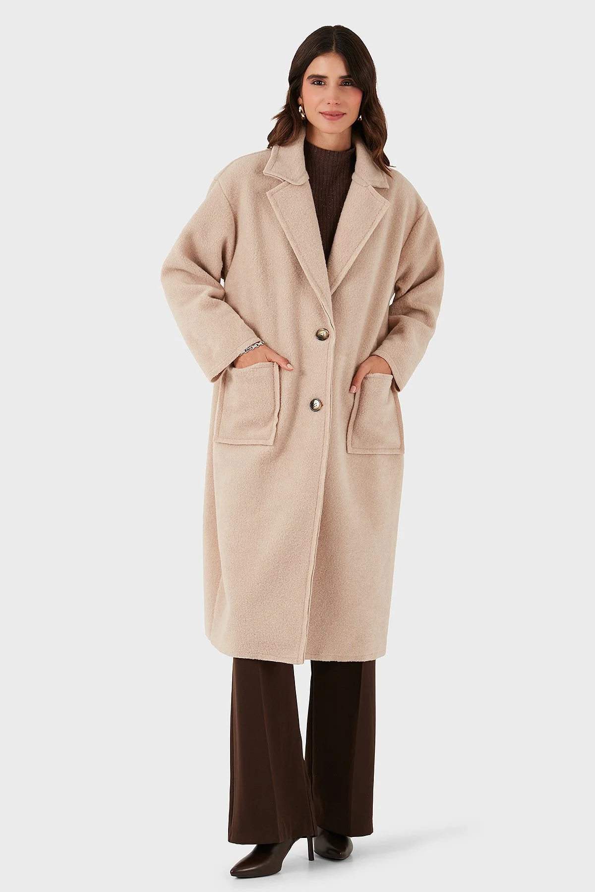 Via Dante Relaxed Fit Kruvaze Yaka Düğmeli Uzun Bayan Kaban 68821012 BEJ - 6