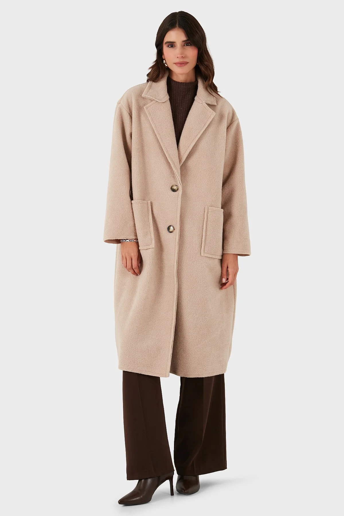 Via Dante Relaxed Fit Kruvaze Yaka Düğmeli Uzun Bayan Kaban 68821012 BEJ - 7