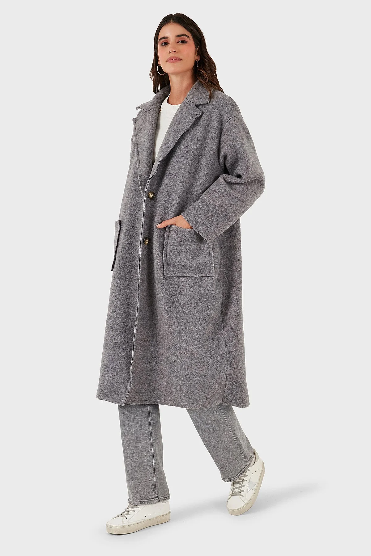 Via Dante Relaxed Fit Kruvaze Yaka Düğmeli Uzun Bayan Kaban 68821012 GRİ - 1