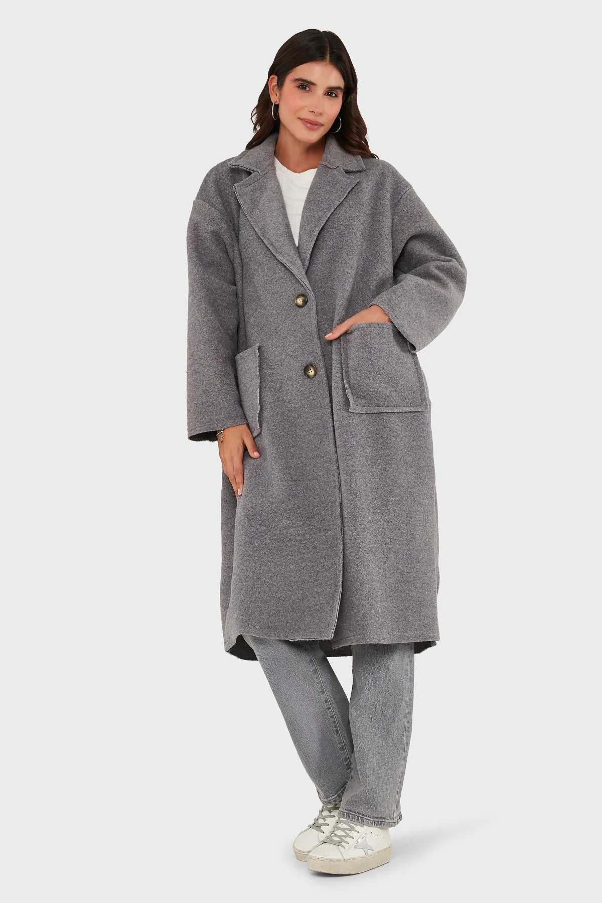 Via Dante Relaxed Fit Kruvaze Yaka Düğmeli Uzun Bayan Kaban 68821012 GRİ - 2