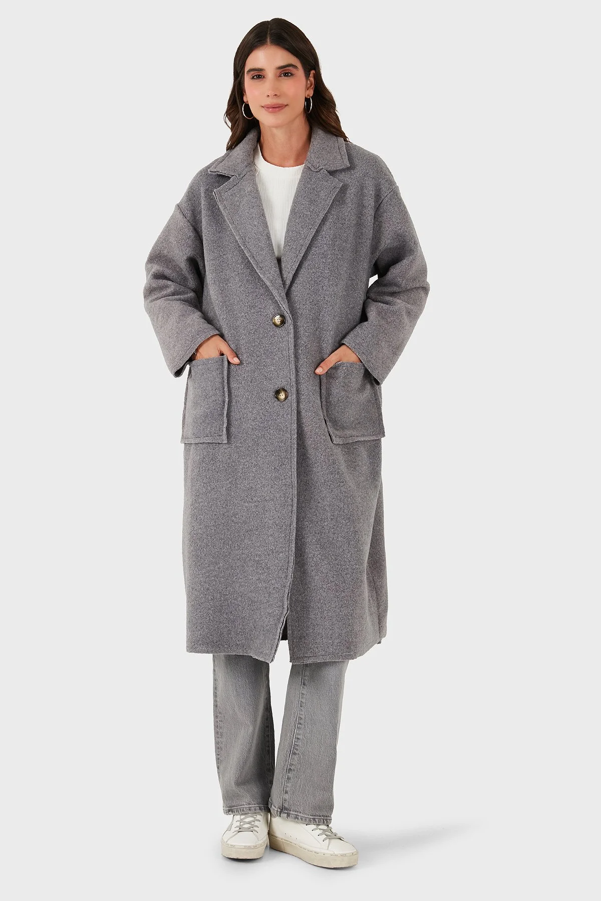 Via Dante Relaxed Fit Kruvaze Yaka Düğmeli Uzun Bayan Kaban 68821012 GRİ - 4