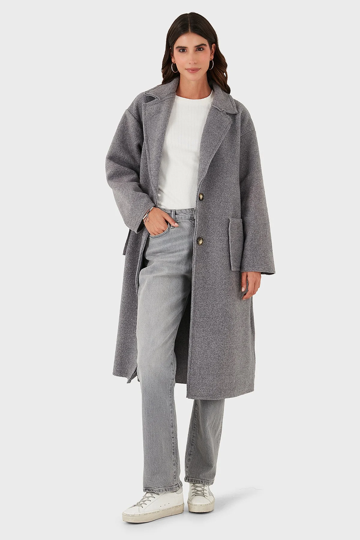 Via Dante Relaxed Fit Kruvaze Yaka Düğmeli Uzun Bayan Kaban 68821012 GRİ - 5