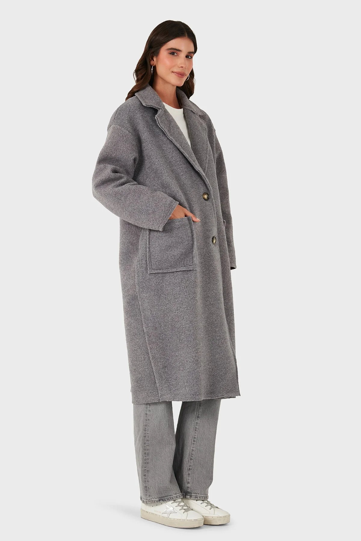 Via Dante Relaxed Fit Kruvaze Yaka Düğmeli Uzun Bayan Kaban 68821012 GRİ - 6