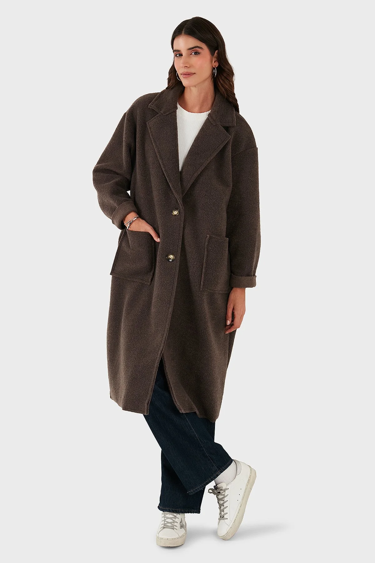 Via Dante Relaxed Fit Kruvaze Yaka Düğmeli Uzun Bayan Kaban 68821012 KAHVE - 5