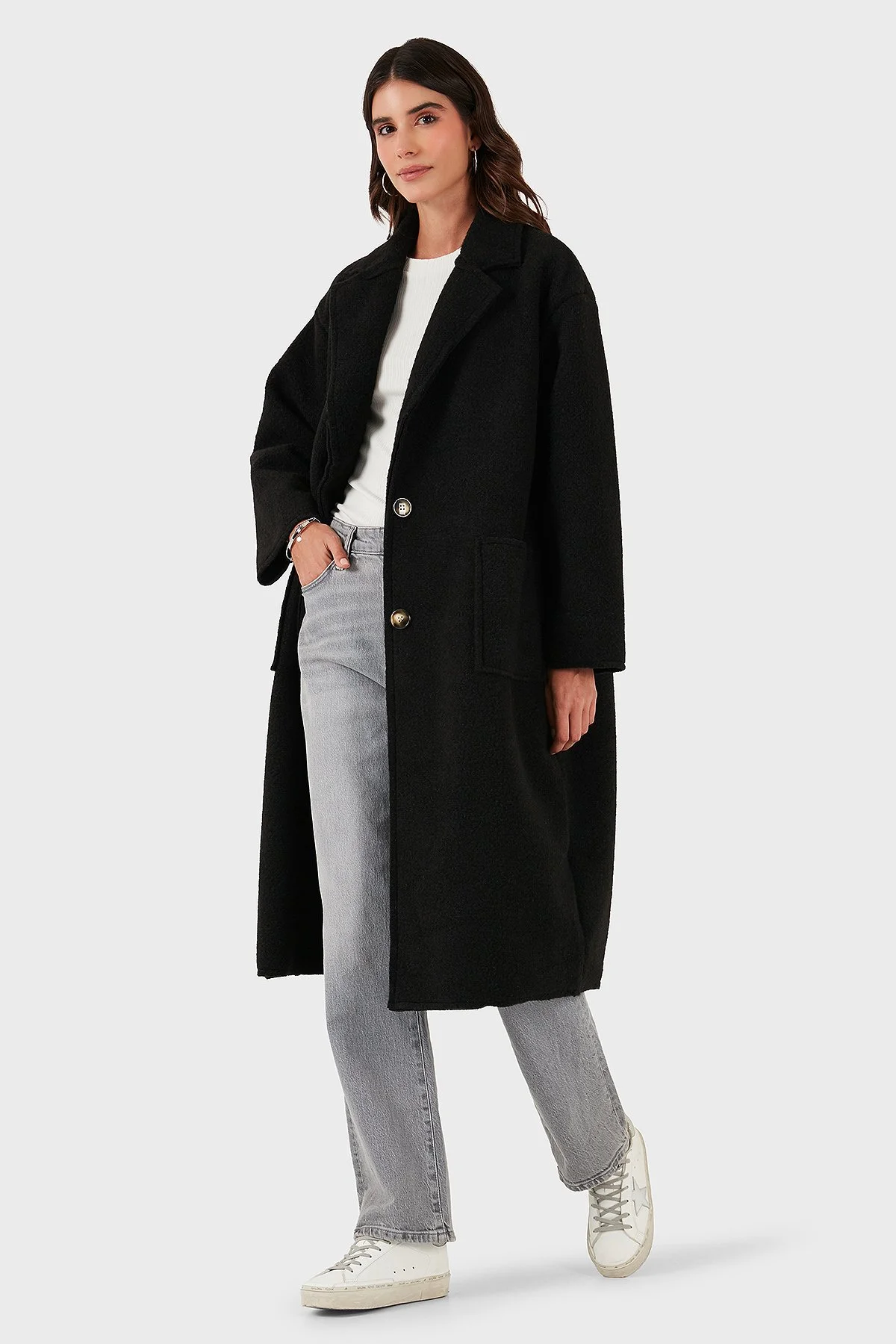 Via Dante Relaxed Fit Kruvaze Yaka Düğmeli Uzun Bayan Kaban 68821012 SİYAH - 1