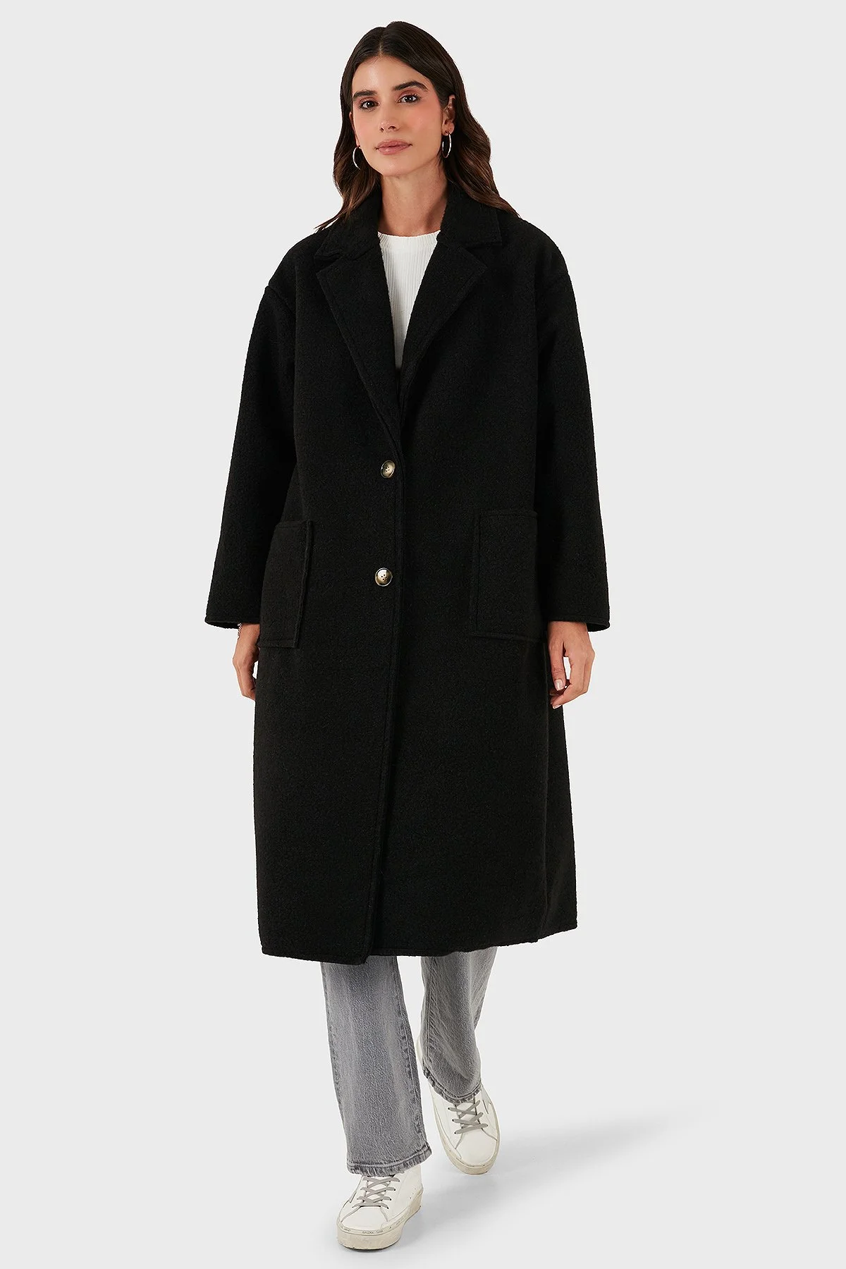 Via Dante Relaxed Fit Kruvaze Yaka Düğmeli Uzun Bayan Kaban 68821012 SİYAH - 4