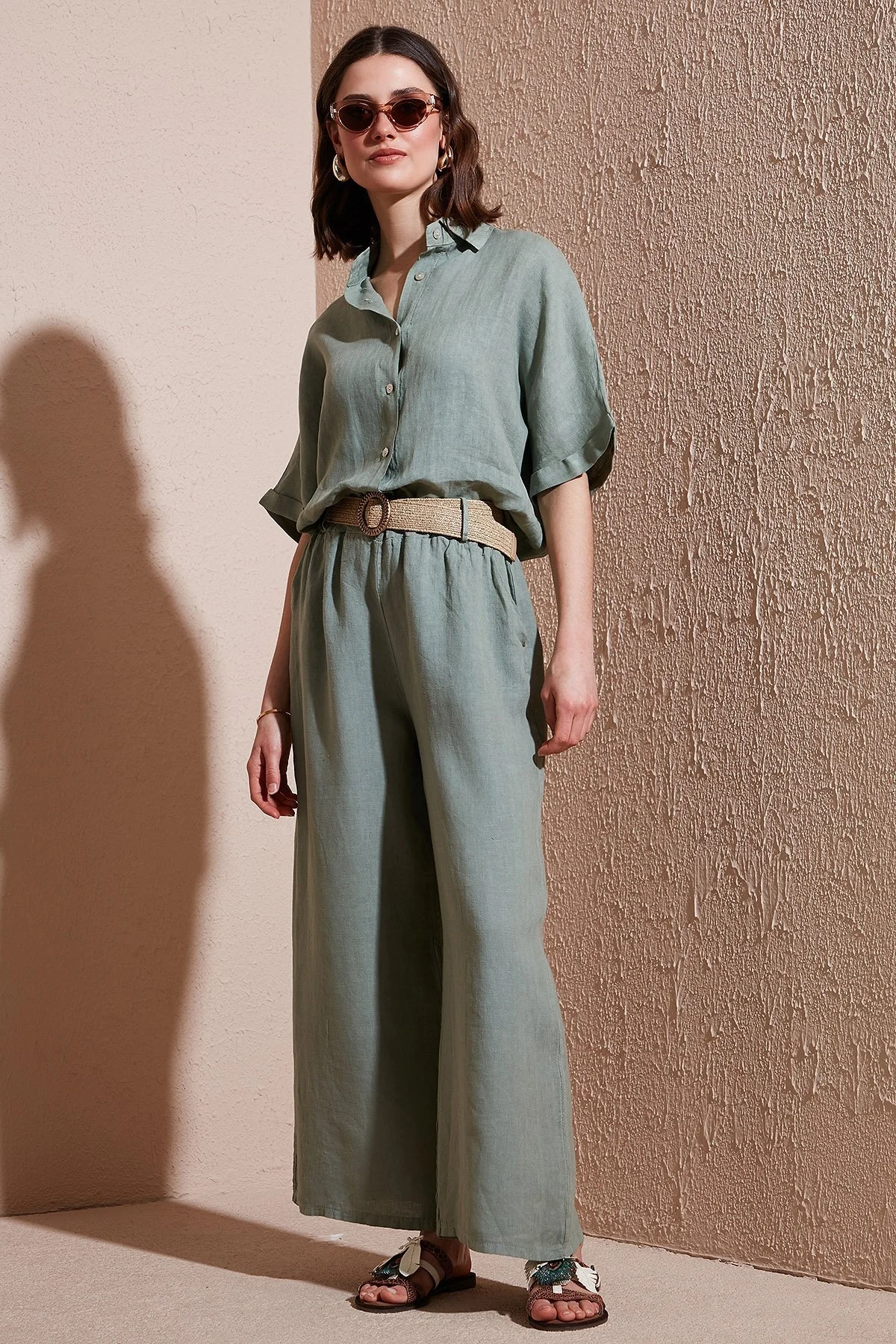 Via Dante Relaxed Fit Normal Bel Bol Paça Kemerli Keten Bayan Pantolon 5056544 HAKİ - 1