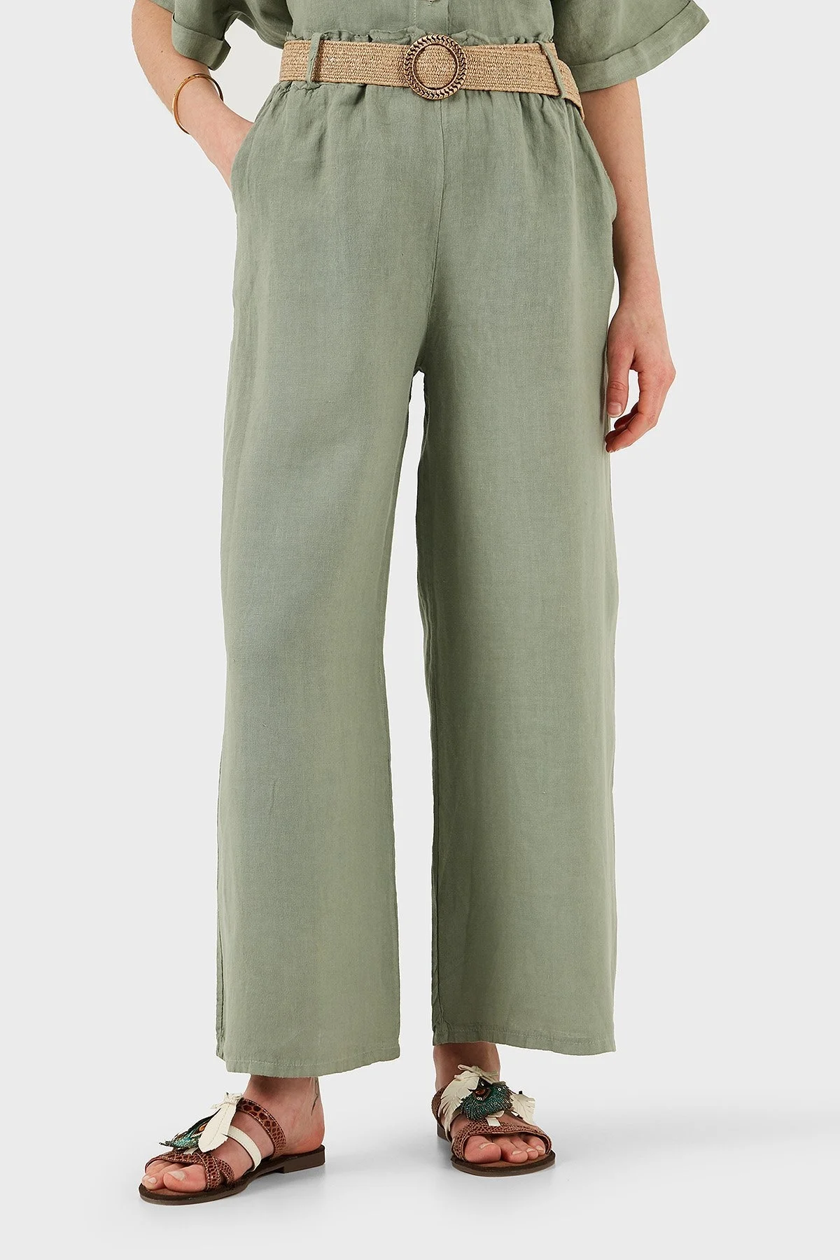 Via Dante Relaxed Fit Normal Bel Bol Paça Kemerli Keten Bayan Pantolon 5056544 HAKİ - 2