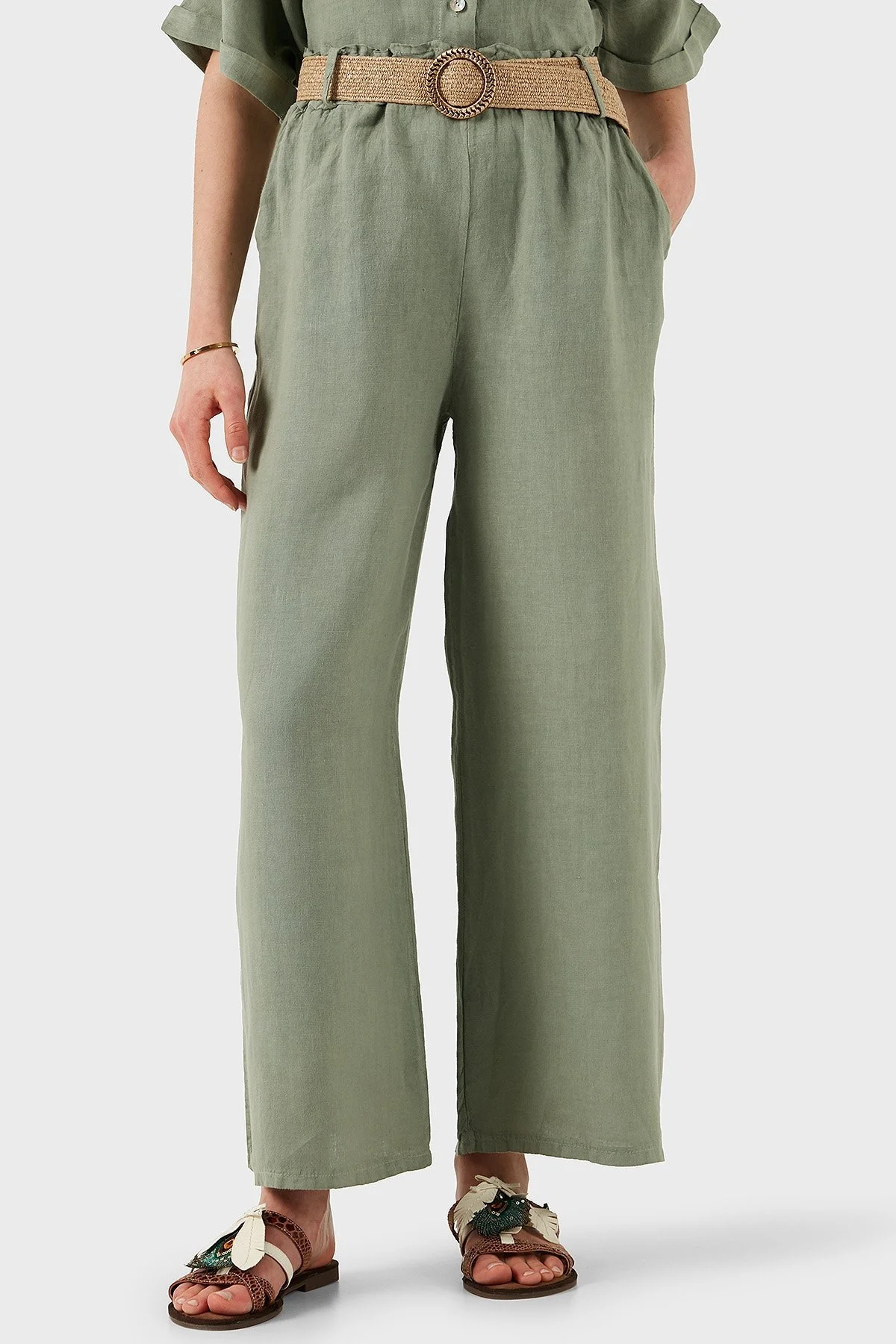 Via Dante Relaxed Fit Normal Bel Bol Paça Kemerli Keten Bayan Pantolon 5056544 HAKİ - 3