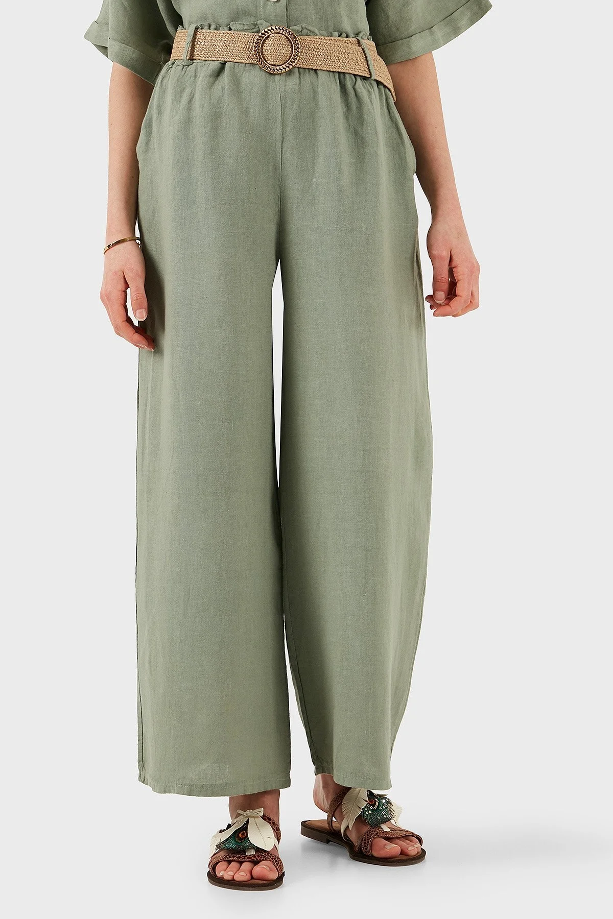 Via Dante Relaxed Fit Normal Bel Bol Paça Kemerli Keten Bayan Pantolon 5056544 HAKİ - 4