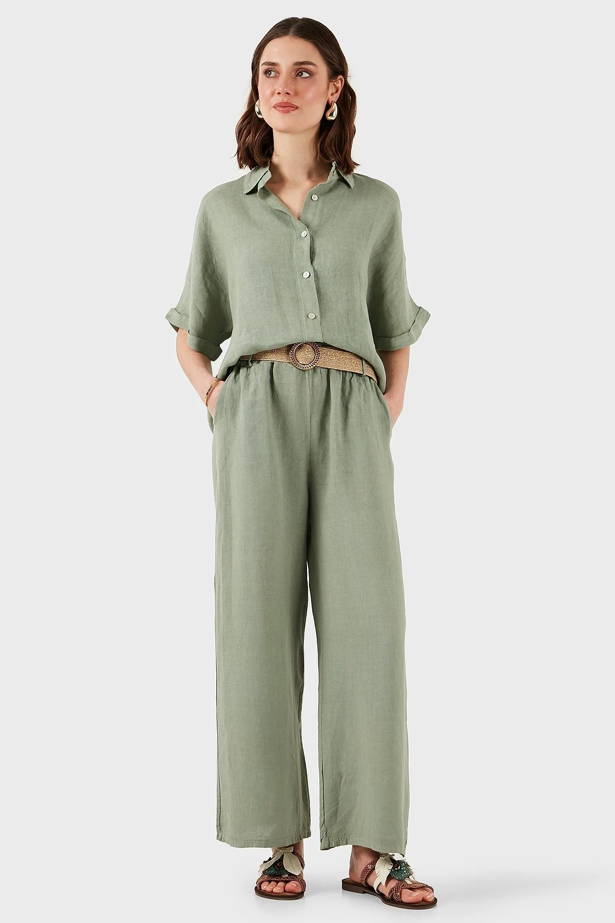 Via Dante Relaxed Fit Normal Bel Bol Paça Kemerli Keten Bayan Pantolon 5056544 HAKİ - 5