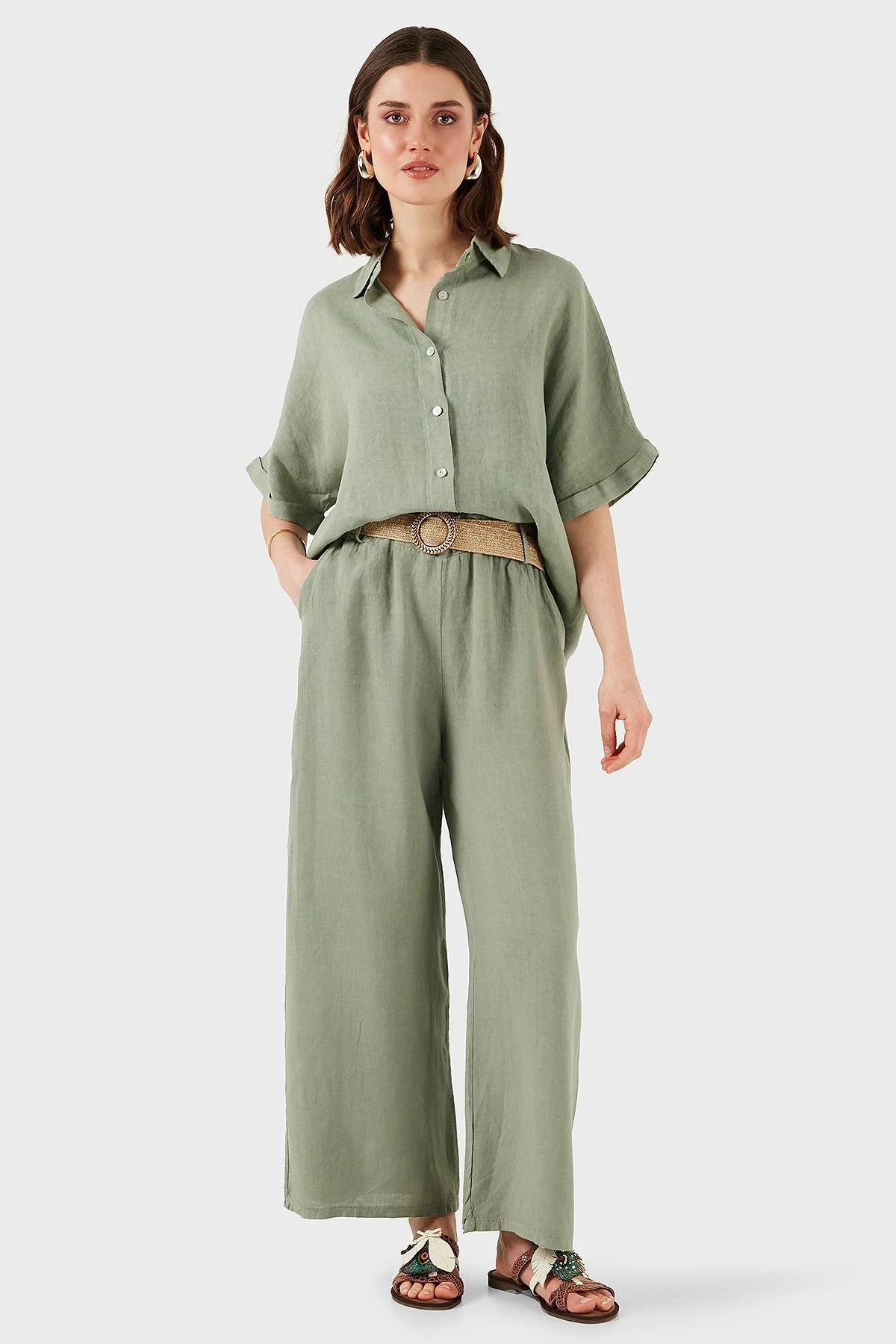 Via Dante Relaxed Fit Normal Bel Bol Paça Kemerli Keten Bayan Pantolon 5056544 HAKİ - 6