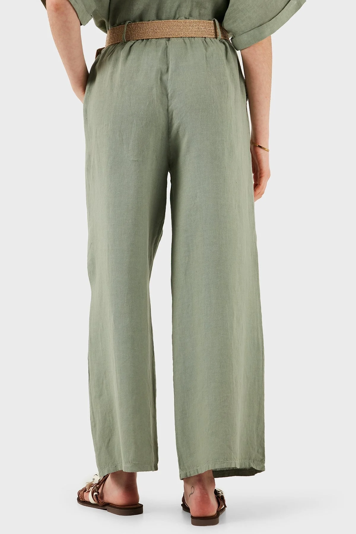 Via Dante Relaxed Fit Normal Bel Bol Paça Kemerli Keten Bayan Pantolon 5056544 HAKİ - 7