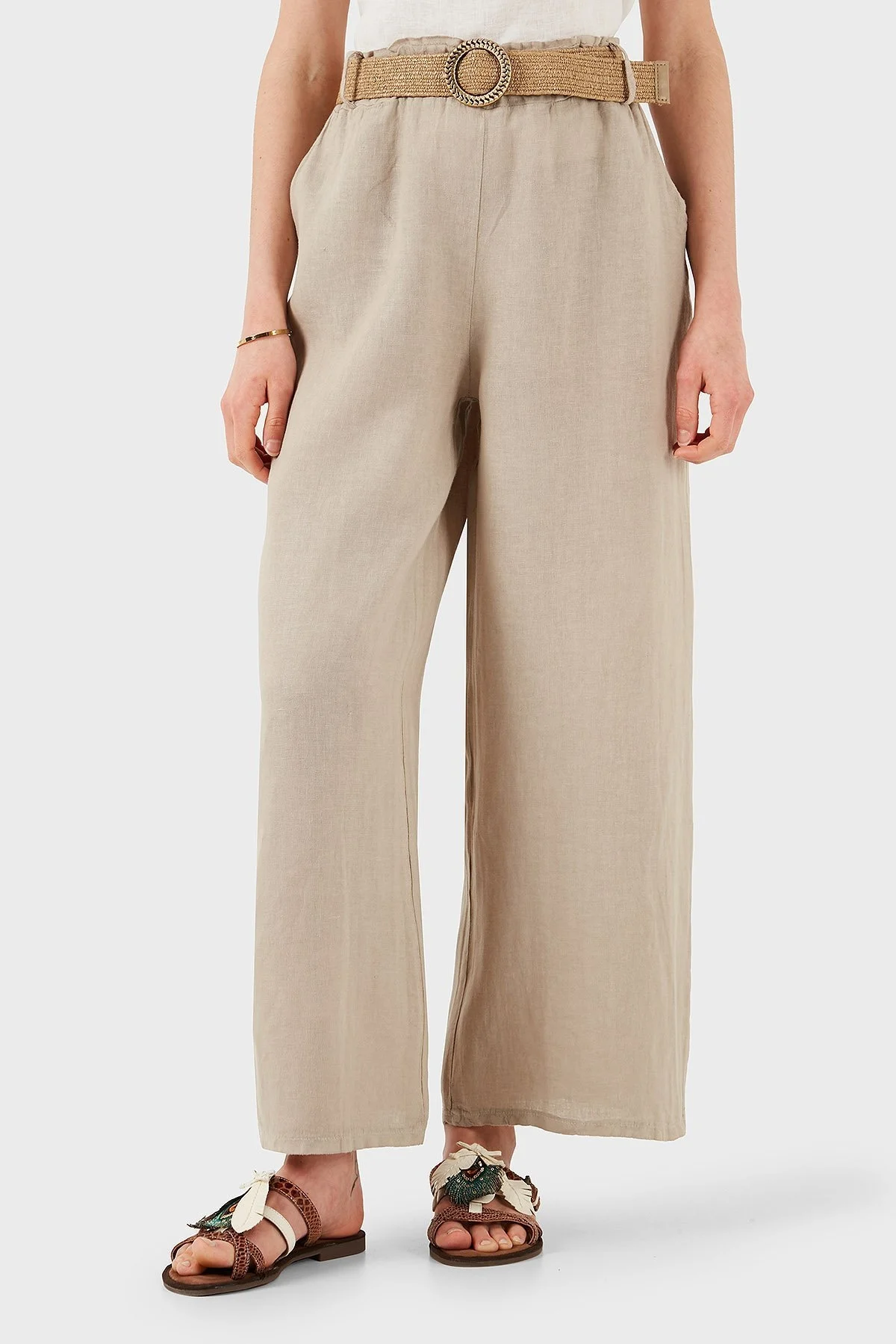 Via Dante Relaxed Fit Normal Bel Bol Paça Kemerli Keten Bayan Pantolon 5056687 TAŞ - 9