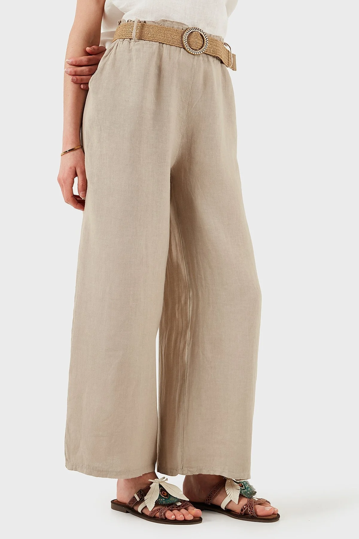 Via Dante Relaxed Fit Normal Bel Bol Paça Kemerli Keten Bayan Pantolon 5056687 TAŞ - 10