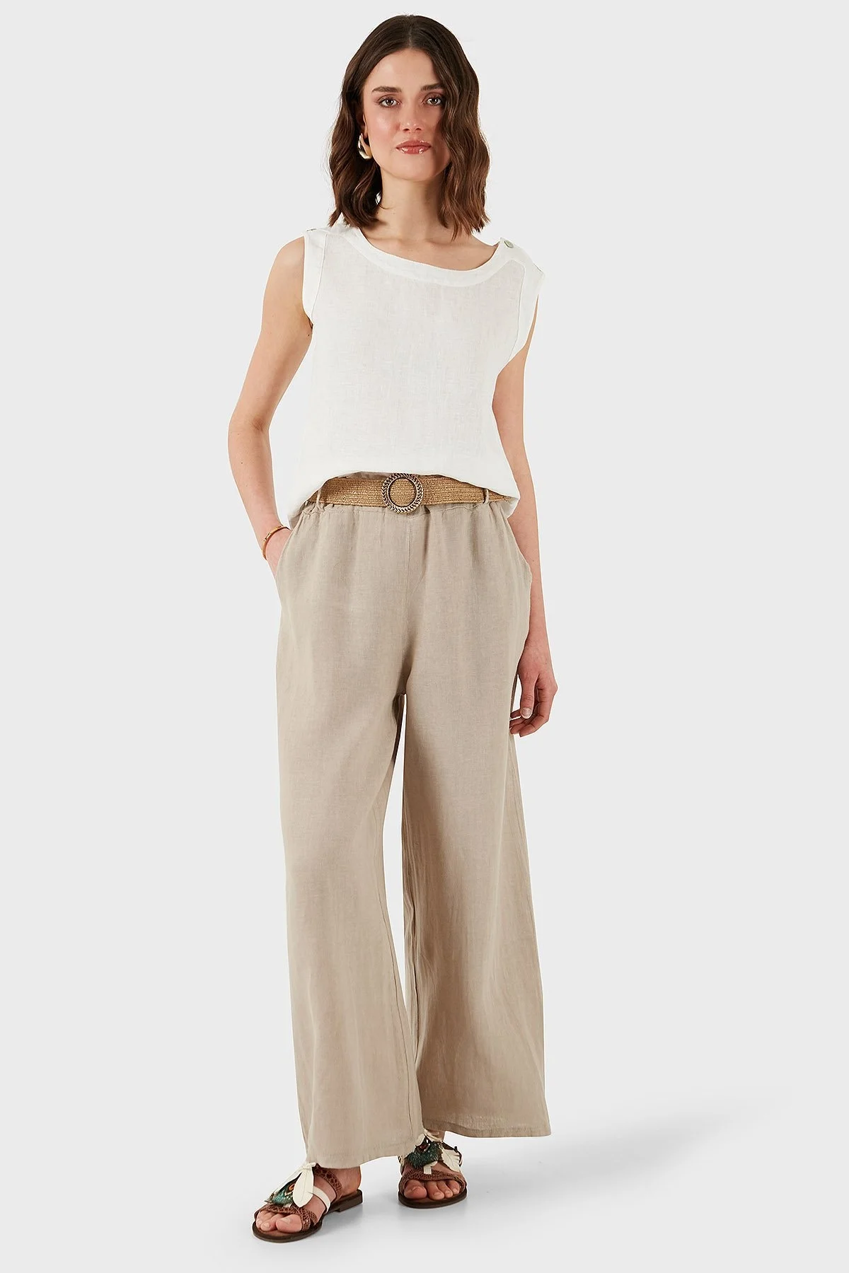 Via Dante Relaxed Fit Normal Bel Bol Paça Kemerli Keten Bayan Pantolon 5056687 TAŞ - 11