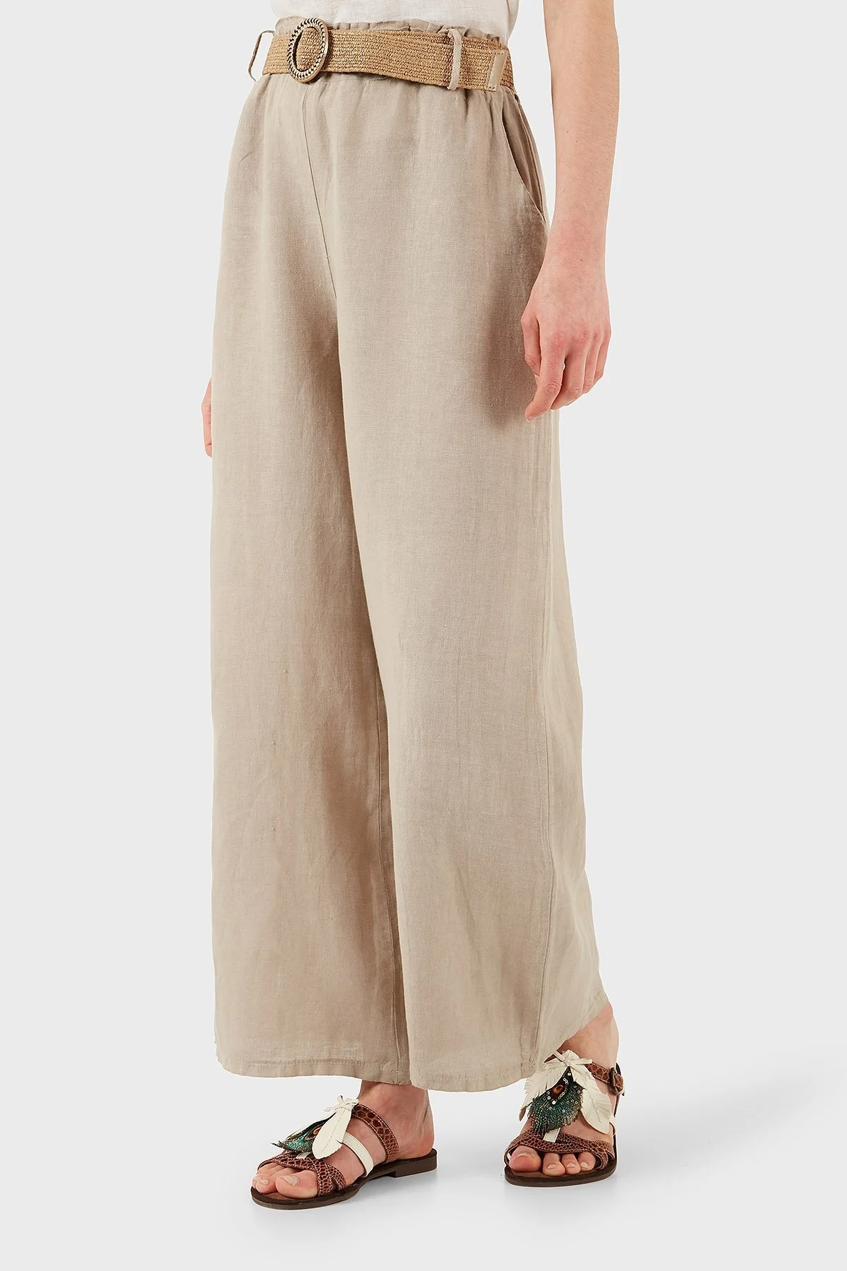 Via Dante Relaxed Fit Normal Bel Bol Paça Kemerli Keten Bayan Pantolon 5056687 TAŞ - 12