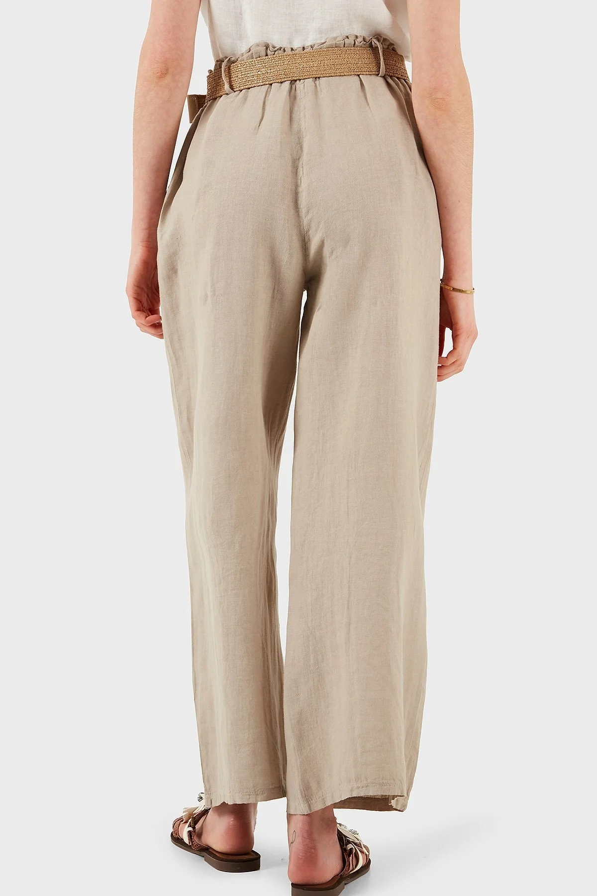 Via Dante Relaxed Fit Normal Bel Bol Paça Kemerli Keten Bayan Pantolon 5056687 TAŞ - 14