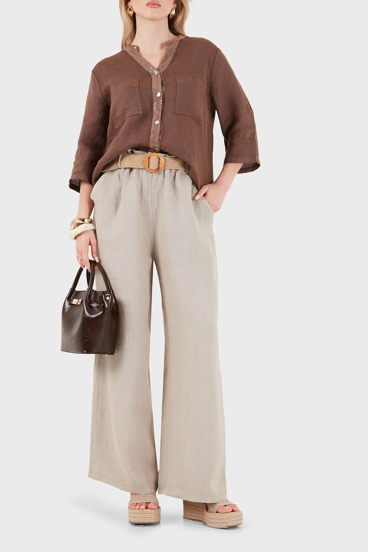 Via Dante Relaxed Fit Normal Bel Bol Paça Kemerli Keten Kadın Pantolon 5056687 TAŞ - 1