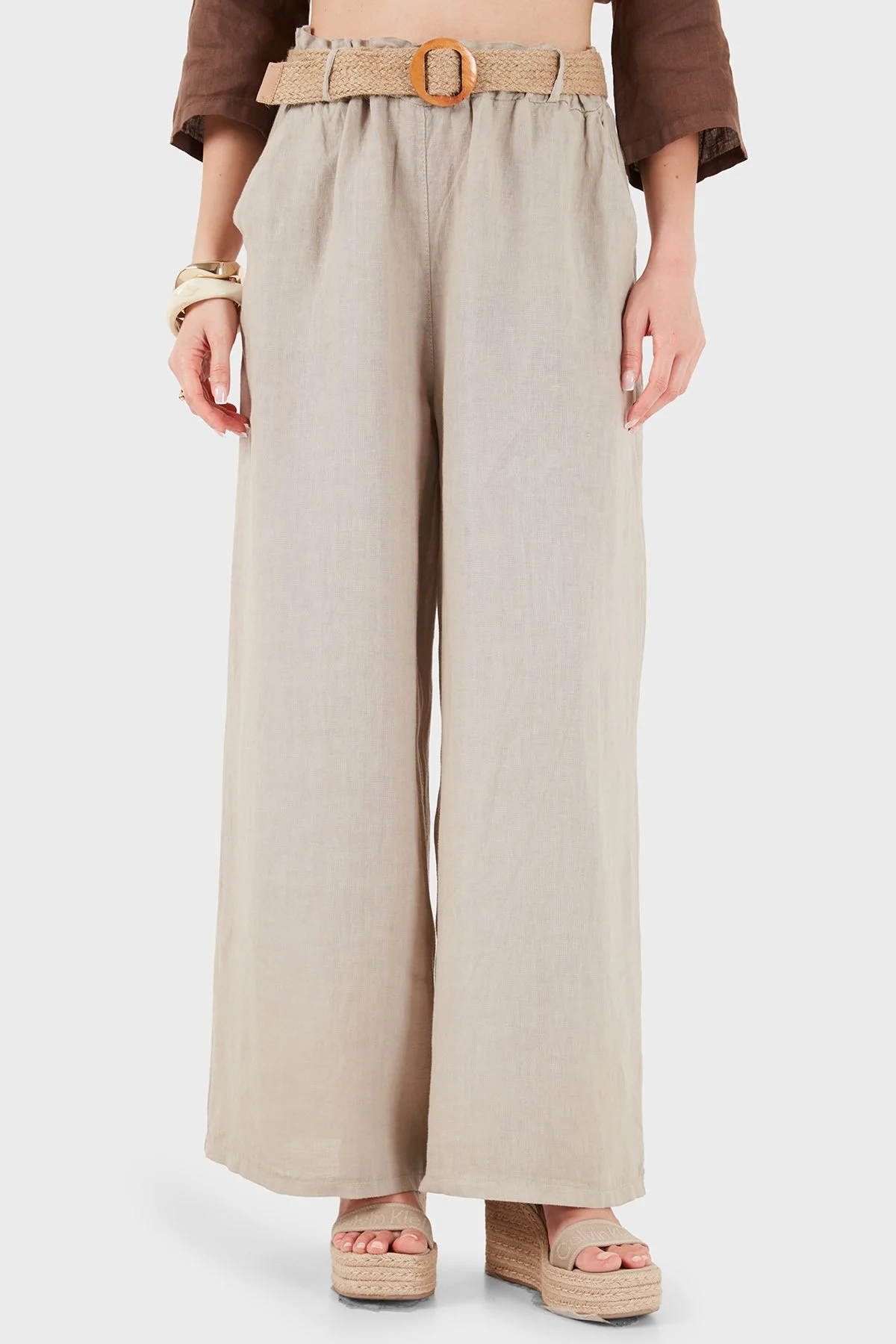 Via Dante Relaxed Fit Normal Bel Bol Paça Kemerli Keten Kadın Pantolon 5056687 TAŞ - 2