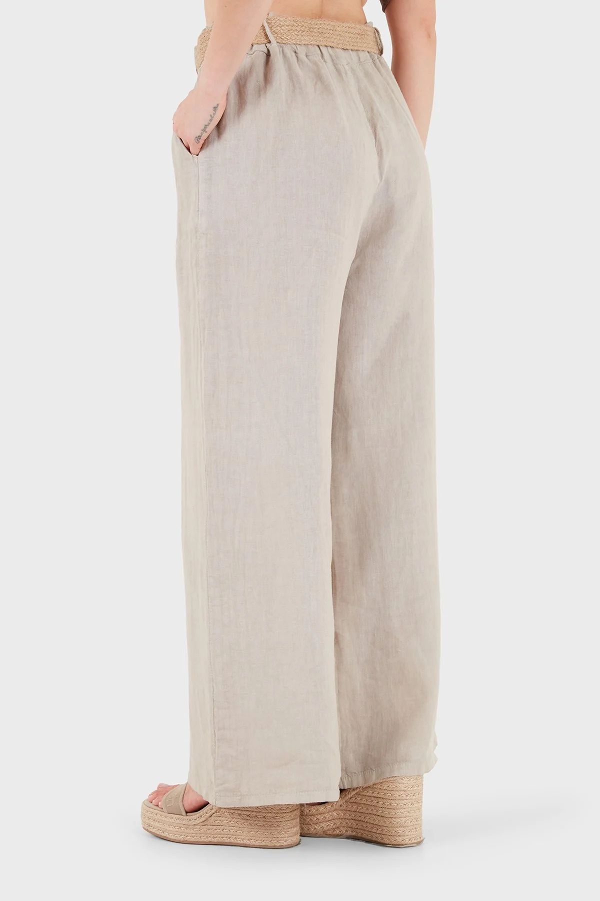 Via Dante Relaxed Fit Normal Bel Bol Paça Kemerli Keten Kadın Pantolon 5056687 TAŞ - 3