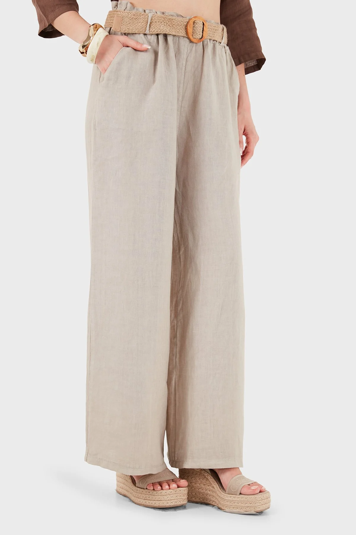 Via Dante Relaxed Fit Normal Bel Bol Paça Kemerli Keten Kadın Pantolon 5056687 TAŞ - 4