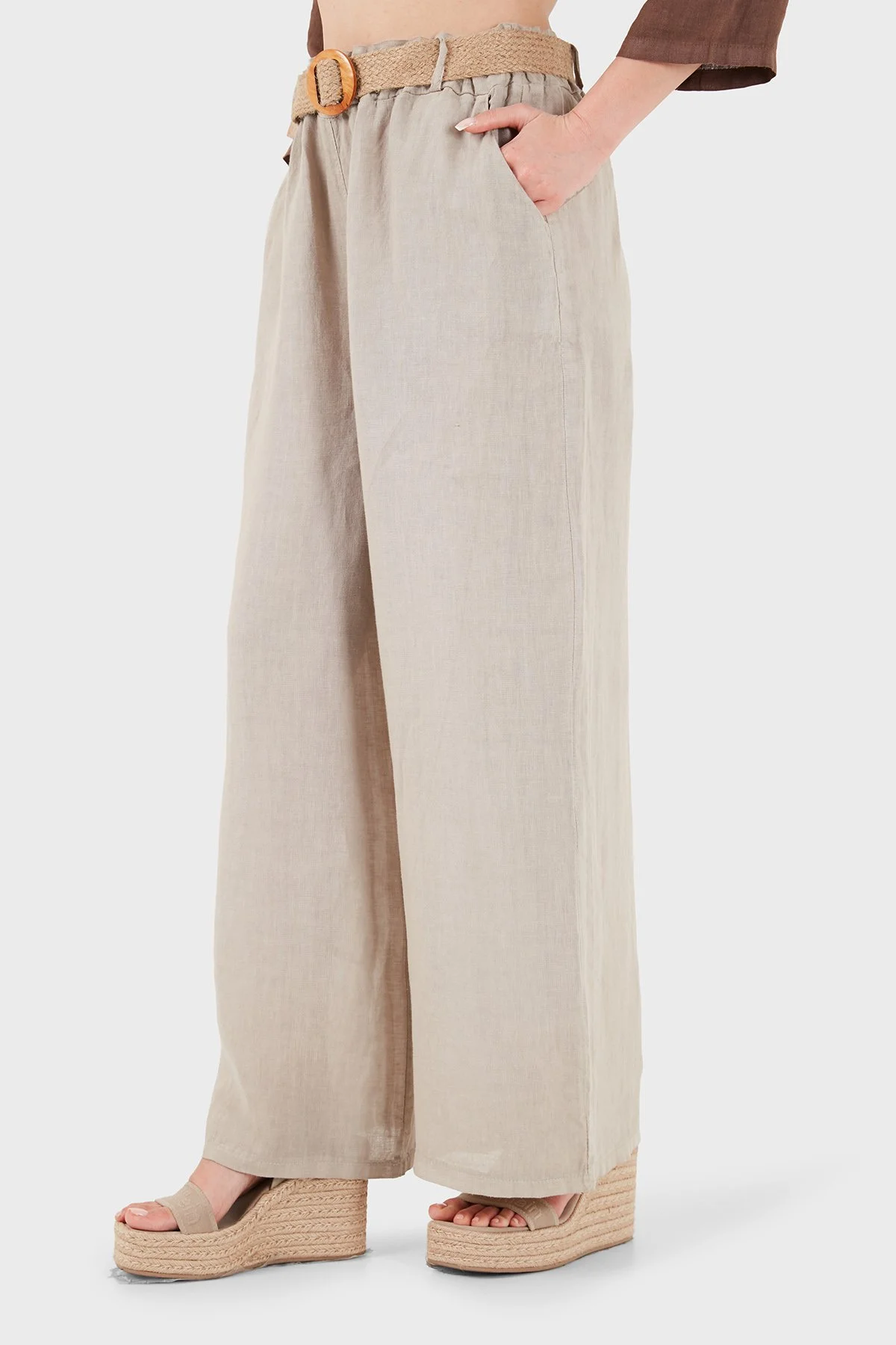 Via Dante Relaxed Fit Normal Bel Bol Paça Kemerli Keten Kadın Pantolon 5056687 TAŞ - 5