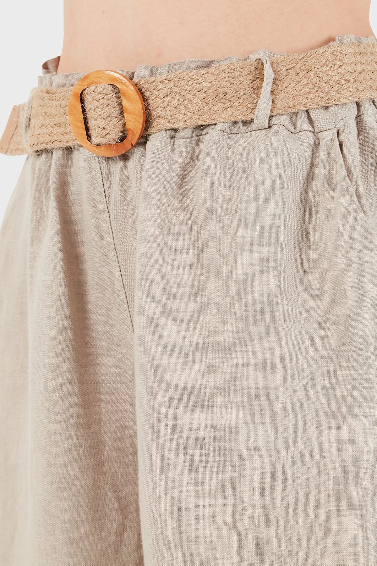 Via Dante Relaxed Fit Normal Bel Bol Paça Kemerli Keten Kadın Pantolon 5056687 TAŞ - 6