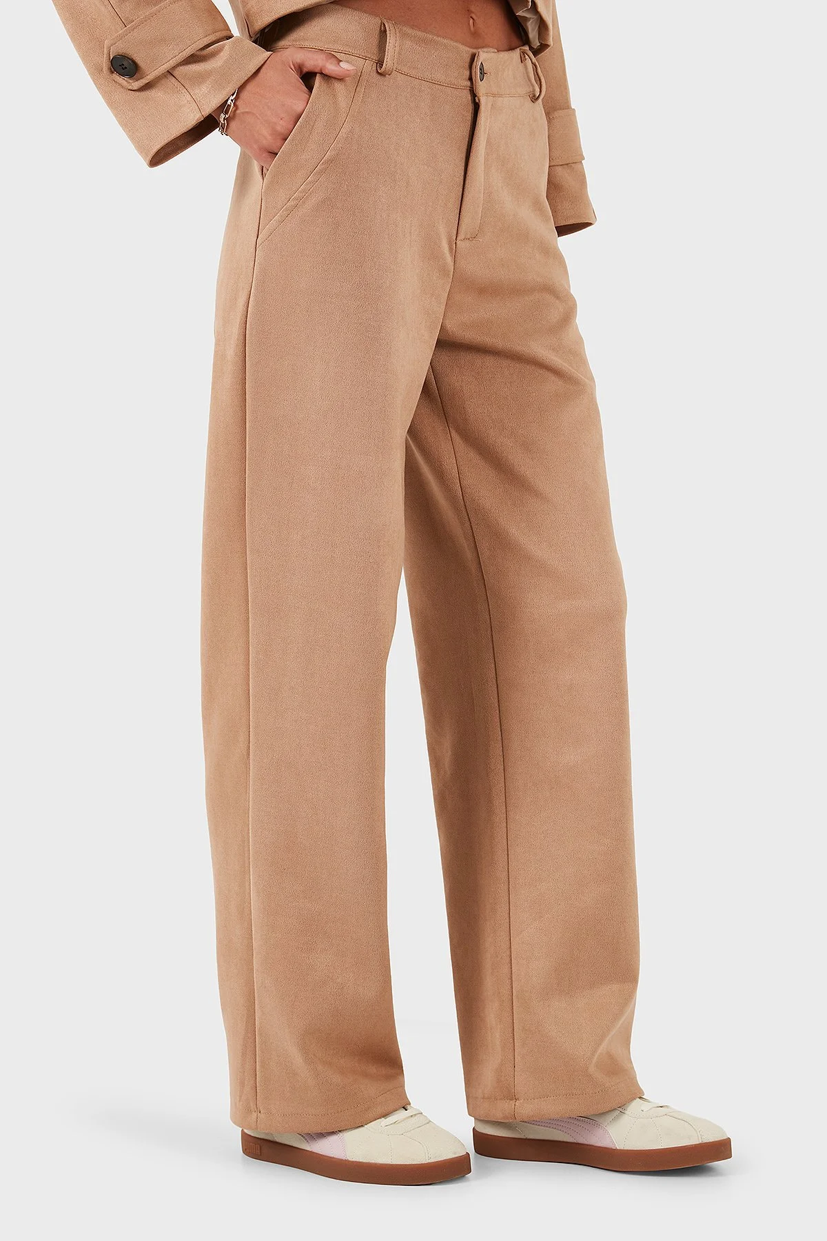 Via Dante Relaxed Fit Normal Gel Geniş Paça Süet Kadın Pantolon 68672644SUEDE BEJ - 4