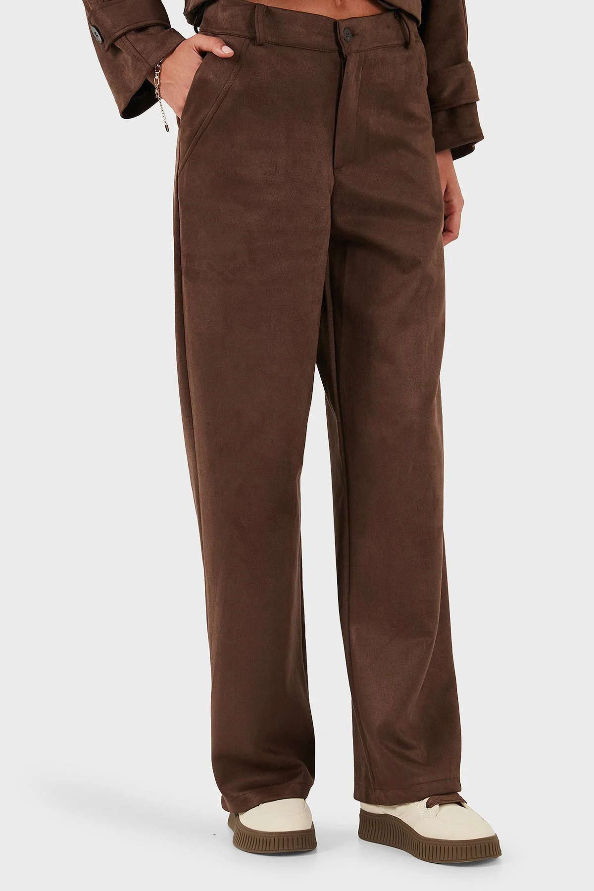 Via Dante Relaxed Fit Normal Gel Geniş Paça Süet Bayan Pantolon 68672644SUEDE KAHVE - 5