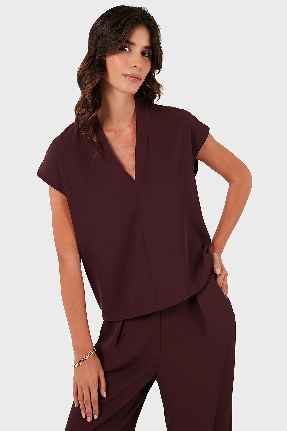 Via Dante Relaxed Fit V Yaka Kısa Kollu Bayan Bluz 268755088 BORDO - 5