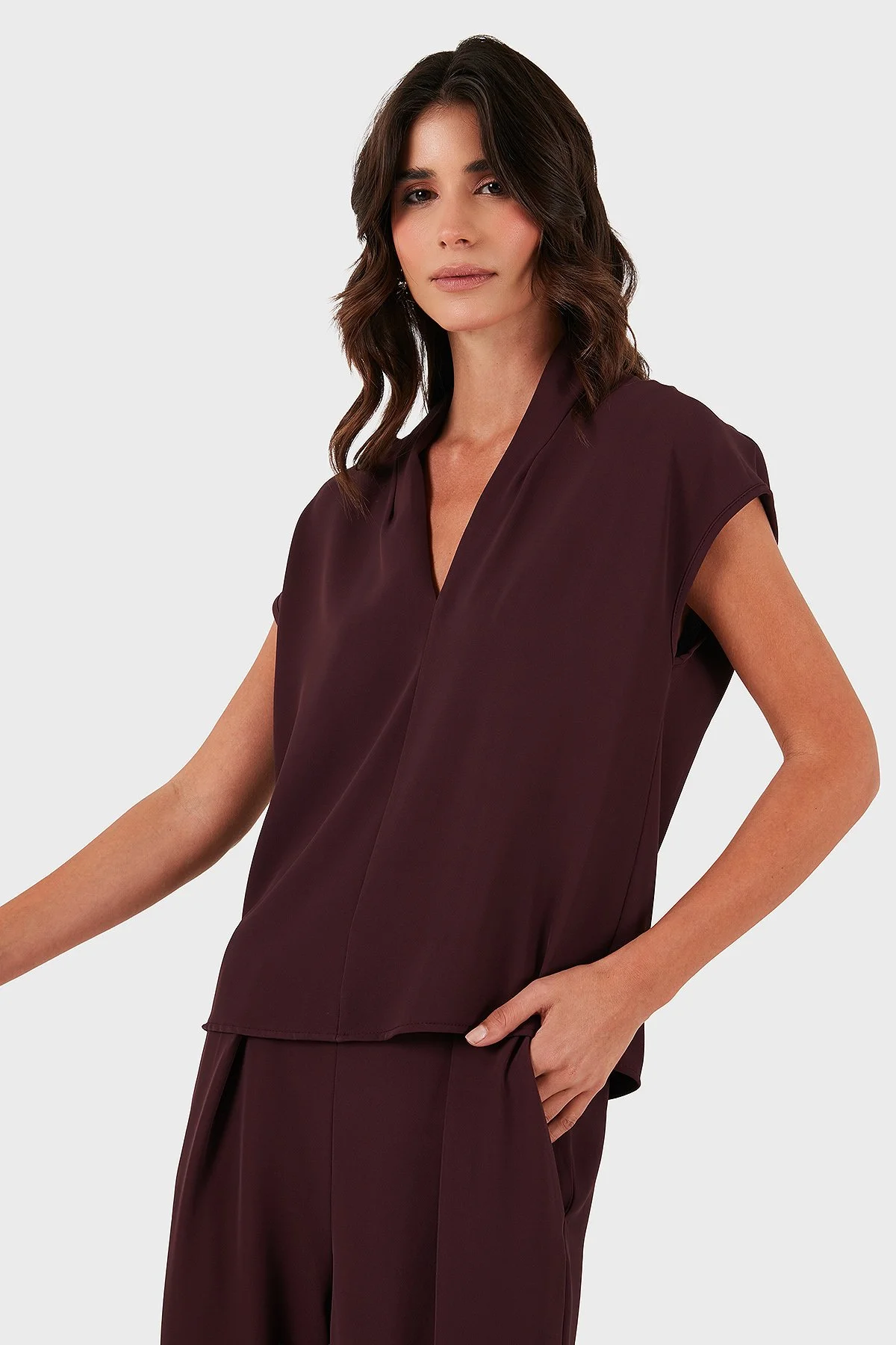 Via Dante Relaxed Fit V Yaka Kısa Kollu Kadın Bluz 268755088 BORDO - 1