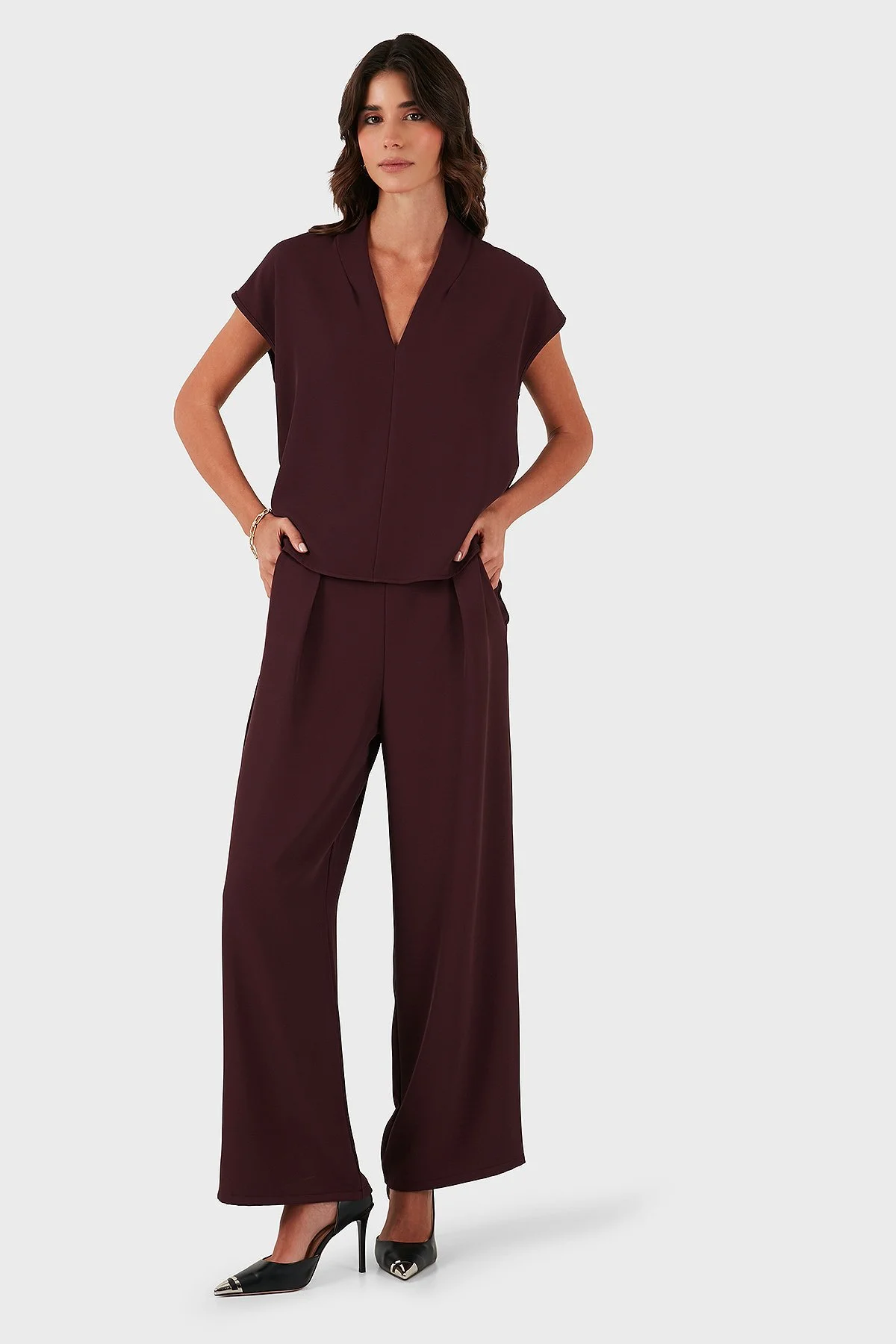 Via Dante Relaxed Fit V Yaka Kısa Kollu Kadın Bluz 268755088 BORDO - 2