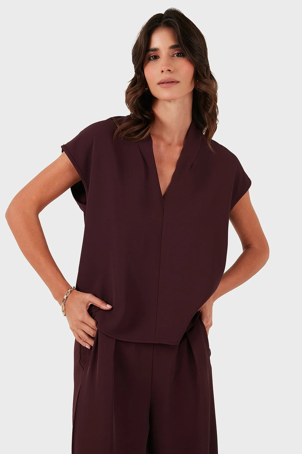 Via Dante Relaxed Fit V Yaka Kısa Kollu Kadın Bluz 268755088 BORDO - 4