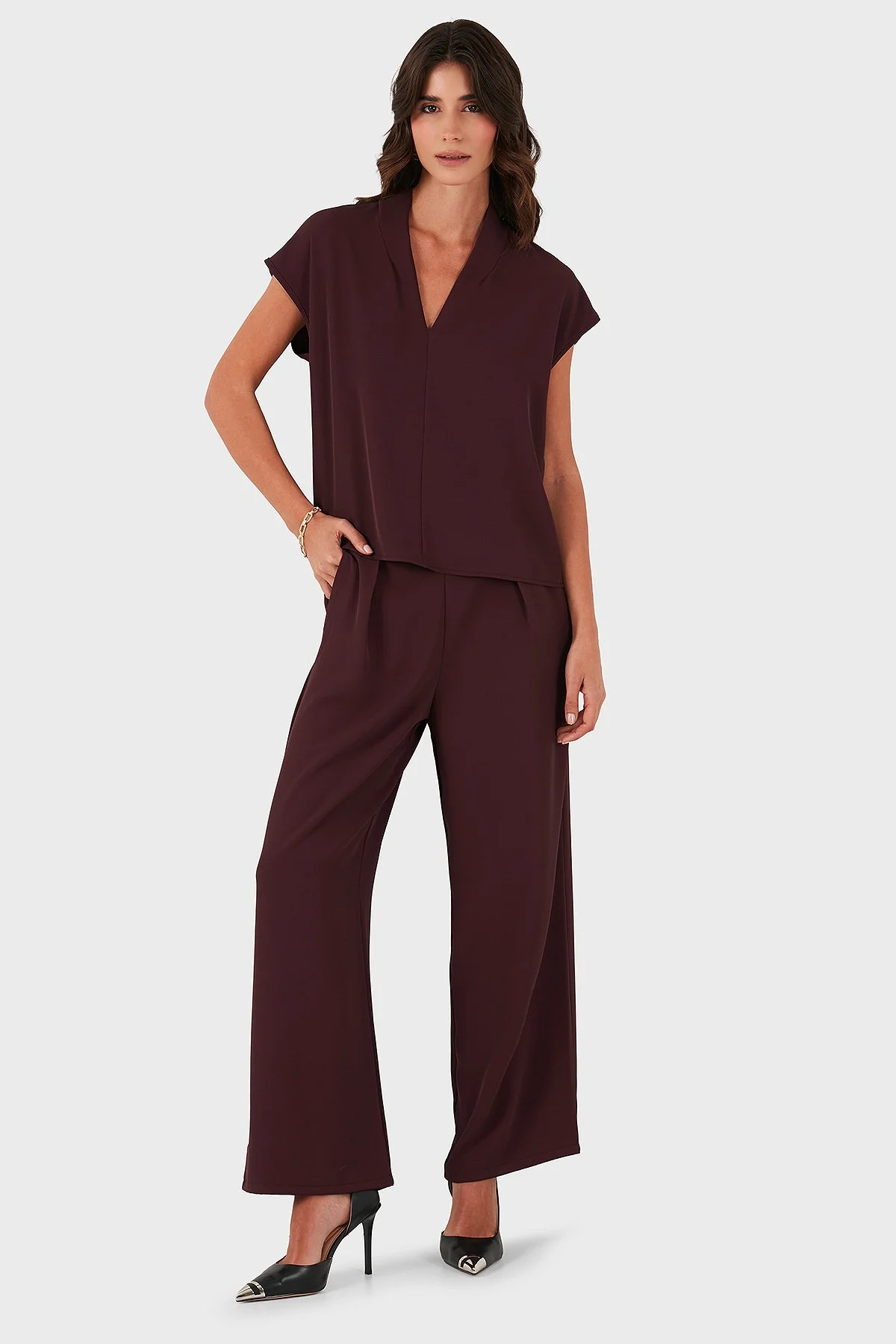 Via Dante Relaxed Fit V Yaka Kısa Kollu Kadın Bluz 268755088 BORDO - 7
