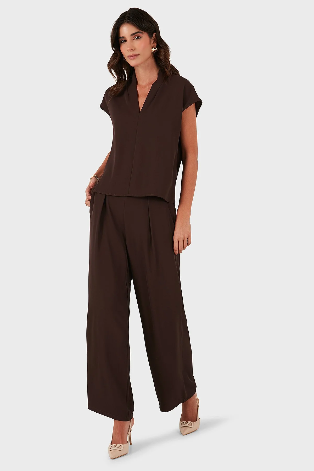 Via Dante Relaxed Fit V Yaka Kısa Kollu Kadın Bluz 268755088 KAHVE - 2