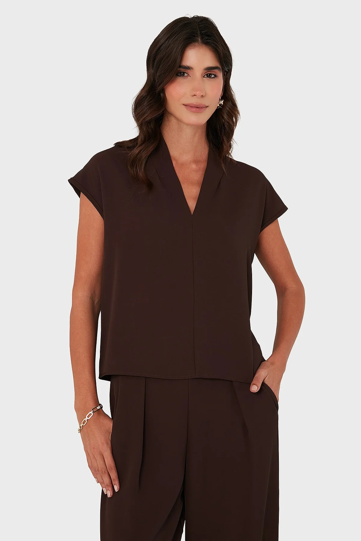 Via Dante Relaxed Fit V Yaka Kısa Kollu Kadın Bluz 268755088 KAHVE - 4