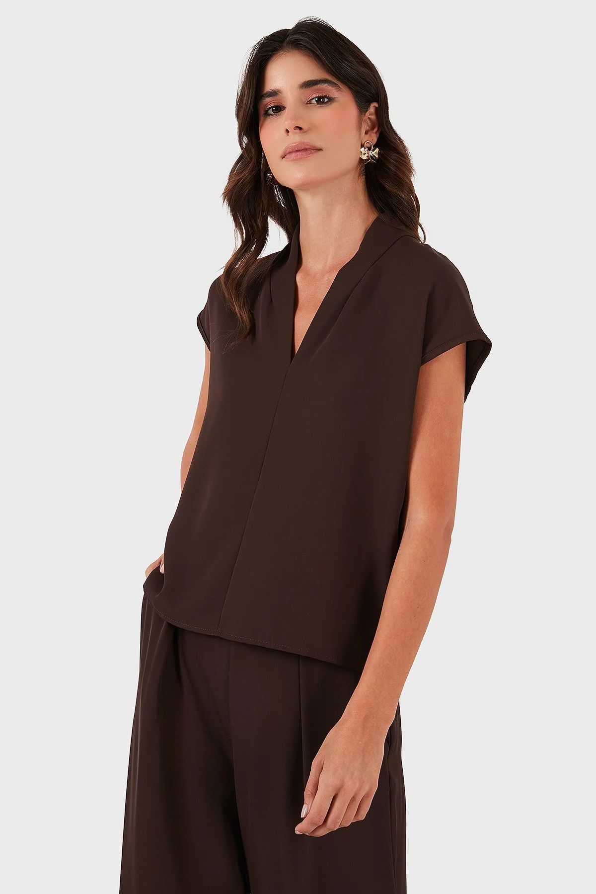 Via Dante Relaxed Fit V Yaka Kısa Kollu Kadın Bluz 268755088 KAHVE - 5