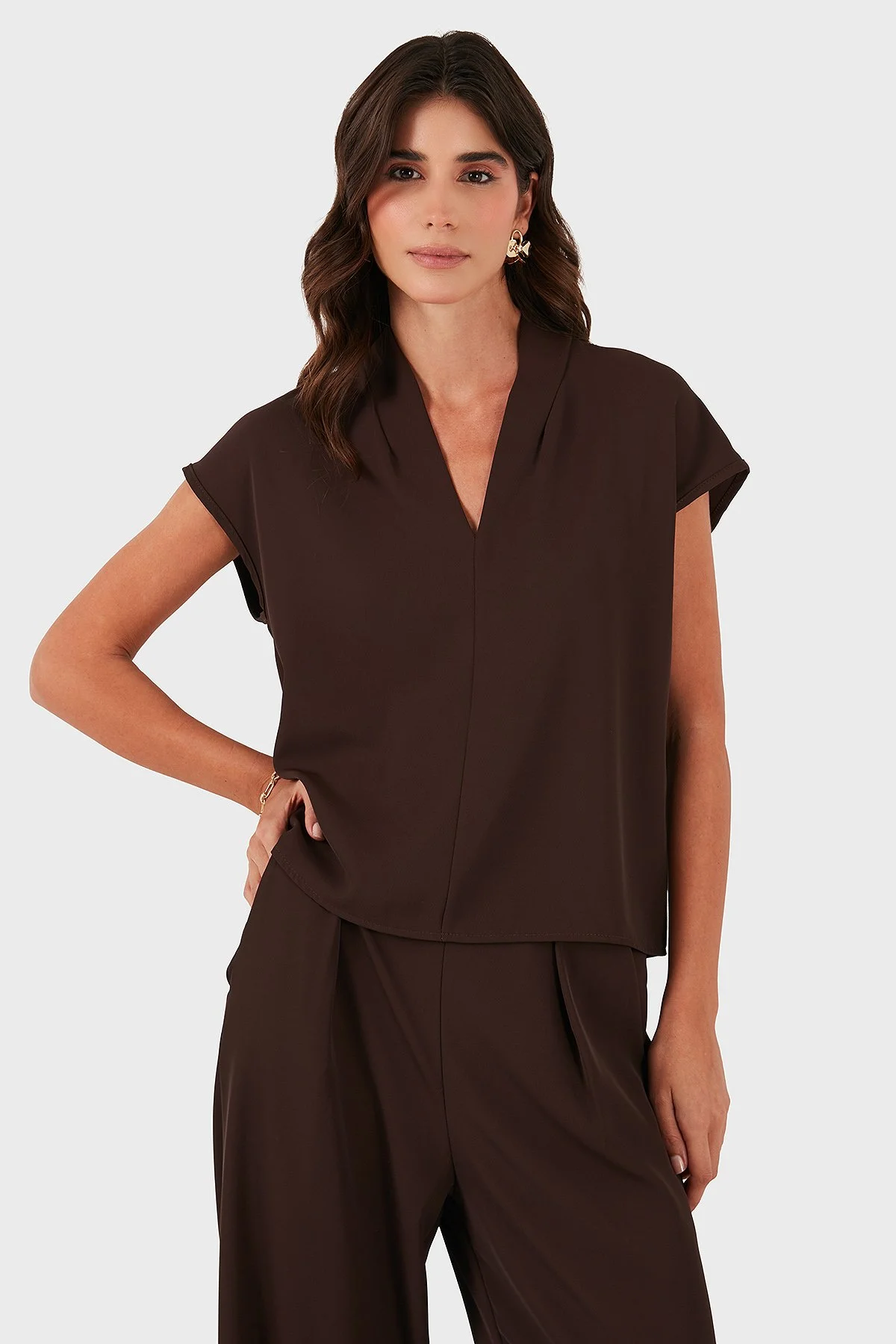 Via Dante Relaxed Fit V Yaka Kısa Kollu Kadın Bluz 268755088 KAHVE - 6