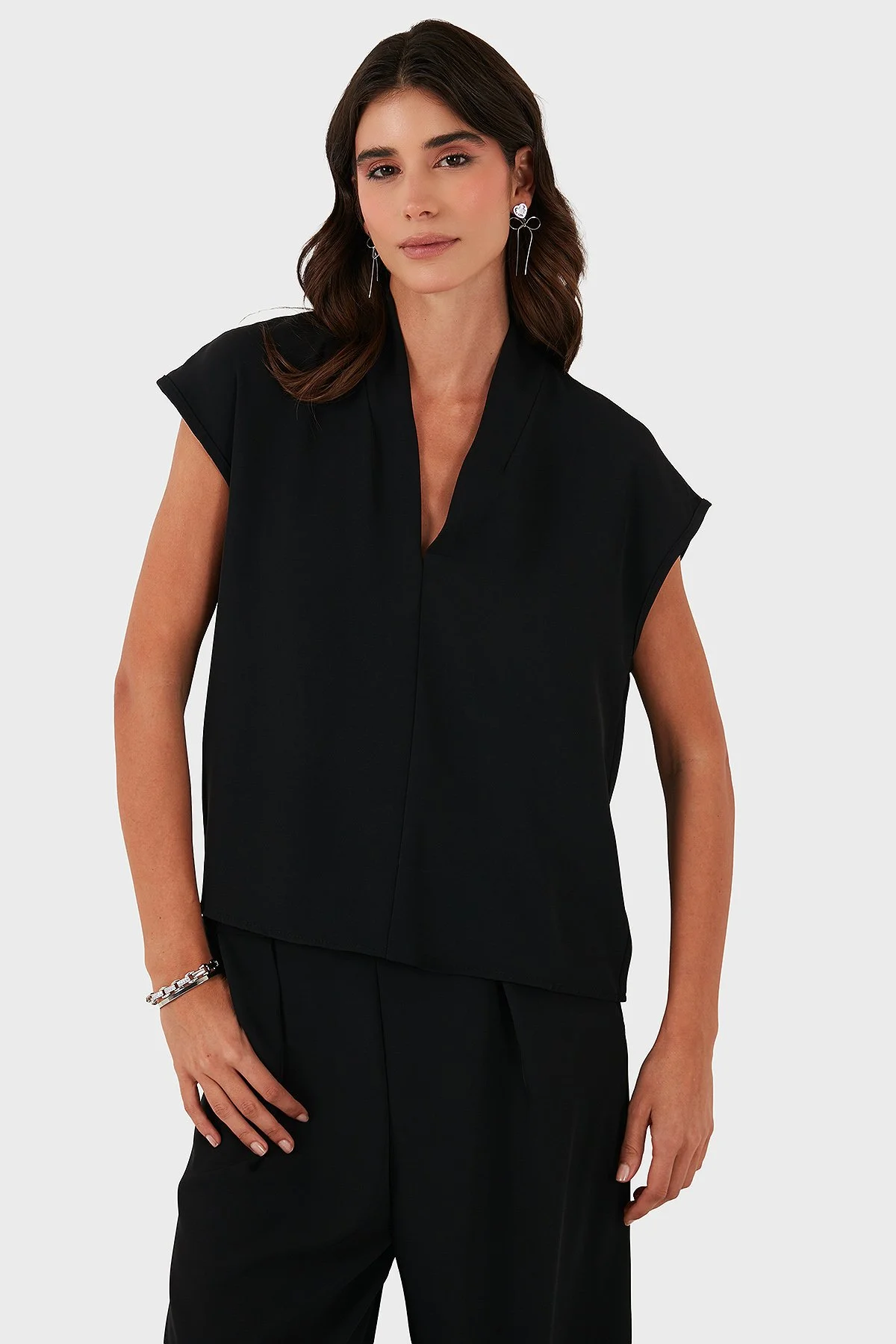 Via Dante Relaxed Fit V Yaka Kısa Kollu Bayan Bluz 268755088 SİYAH - 5